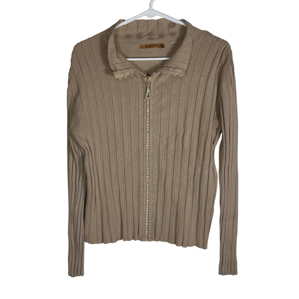 Belldini‎ Womens Tan Ribbed Knit Rhinestone Zip Up Cardigan Sweater Size M Beige
